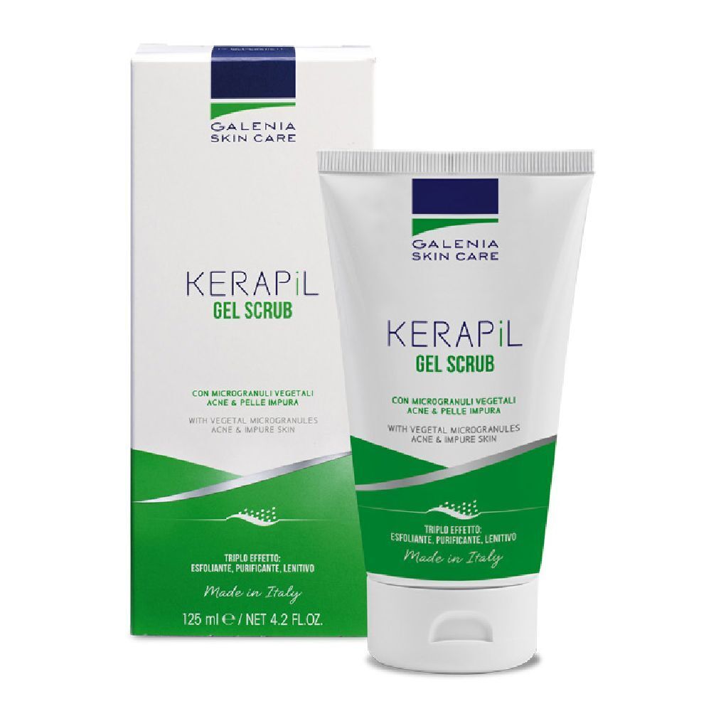 Tube et boîte blancs avec impression du produit. Inscription : Kerapil Gel Scrub. Couleurs vert et blanc. Fabriqué en Italie.