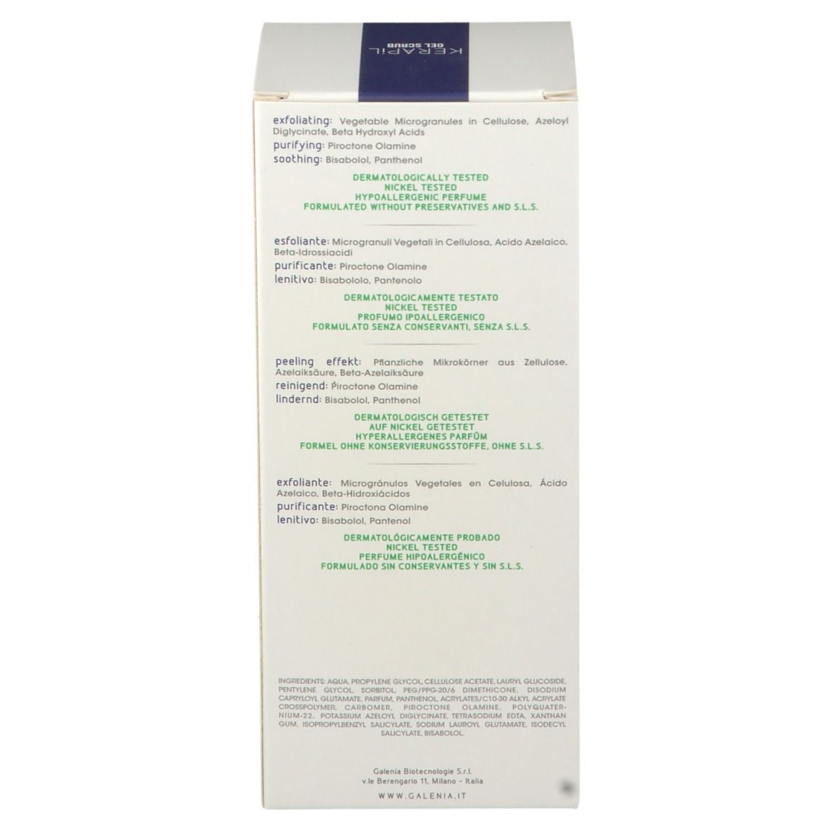 Dos de la boîte avec informations sur le produit. Couleurs vert et blanc. Texte en plusieurs langues.