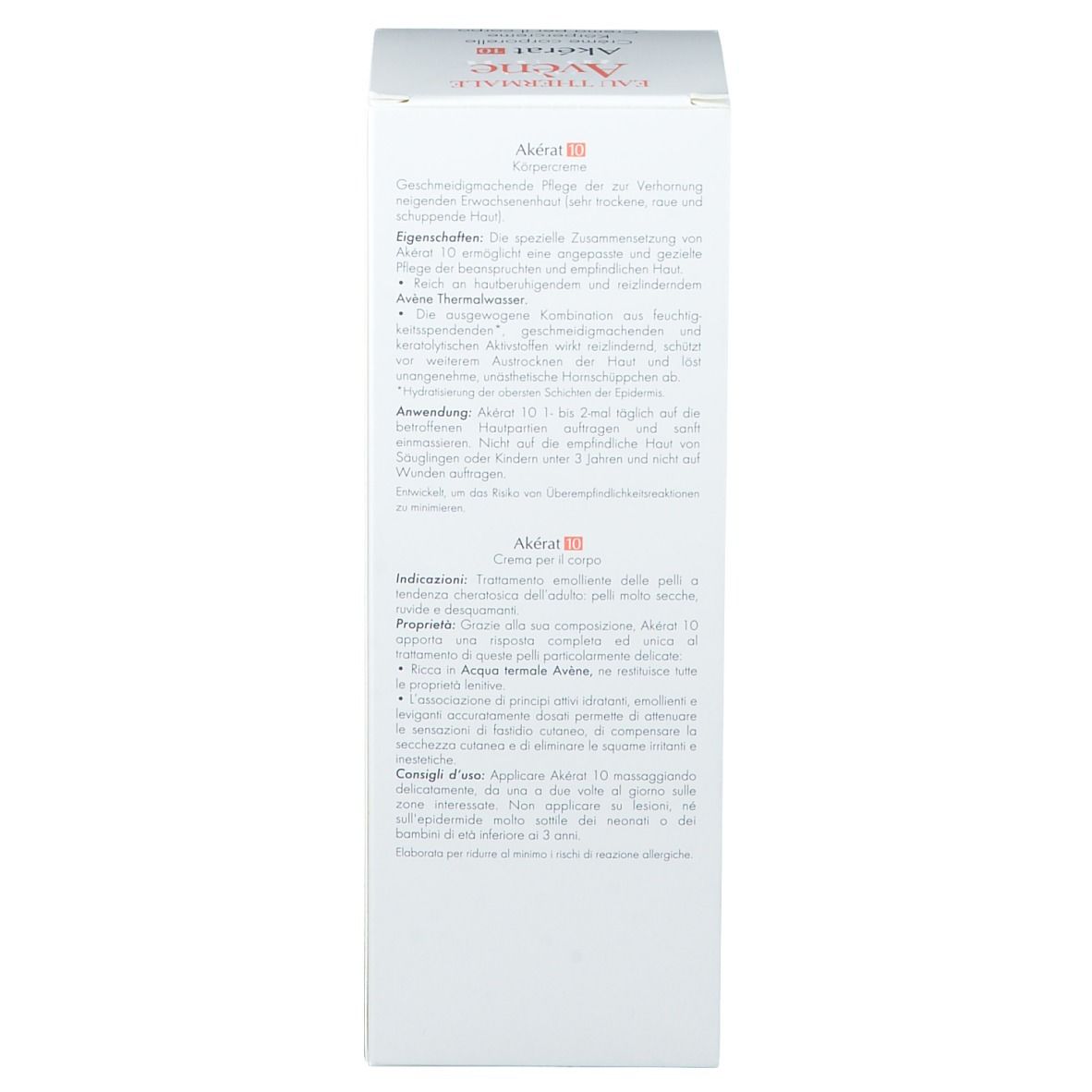 Côté de l'emballage du produit avec texte multilingue. Contient des informations et des logos.