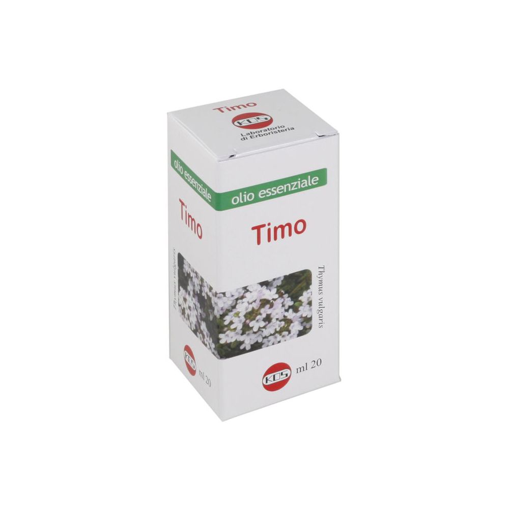 KOS Timo Bianco Olio Essenziale Gocce. Scatola bianca con nome e logo del prodotto. Immagine di fiori di timo.