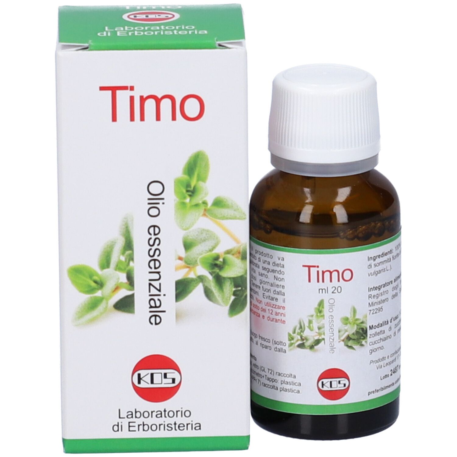 KOS Timo Bianco Olio Essenziale Gocce. Bottiglia e scatola. Nome del prodotto, logo e immagine del timo.