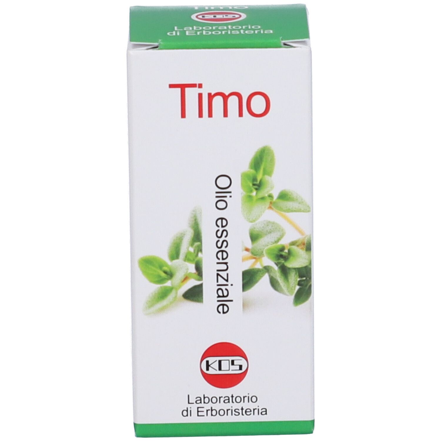 KOS Timo Bianco Olio Essenziale Gocce. Scatola con nome del prodotto, logo e immagine del timo.