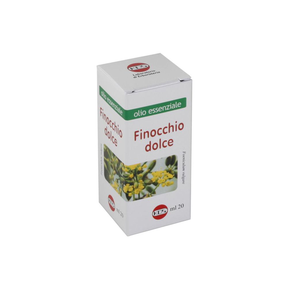 Confezione in cartone con nome del prodotto. Scritta: Finocchio dolce, olio essenziale. Logo e ml 20.