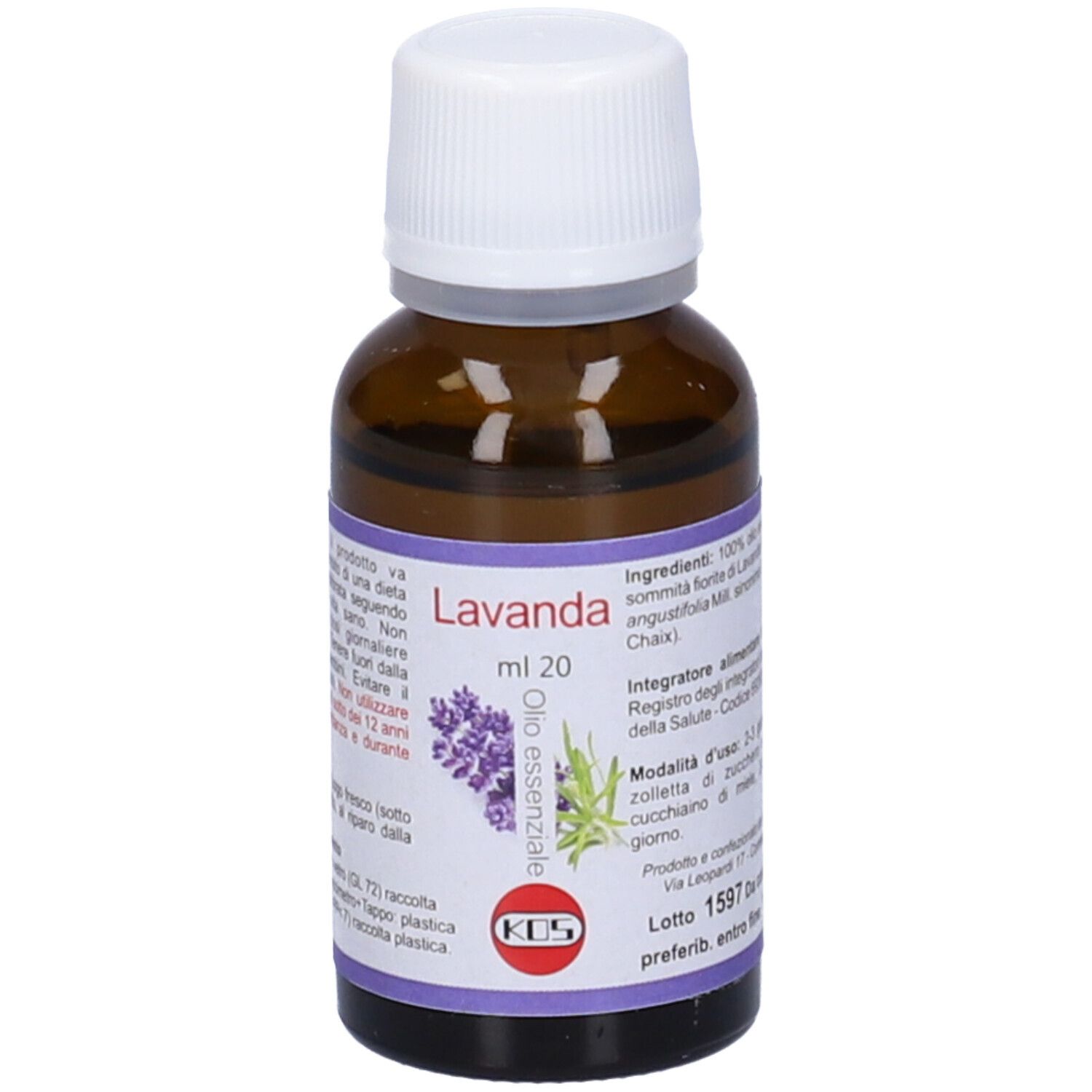 Flacone di vetro marrone con tappo bianco. Etichetta con illustrazione di lavanda e testo. Logo KOS in basso. Nome prodotto: Olio Essenziale.