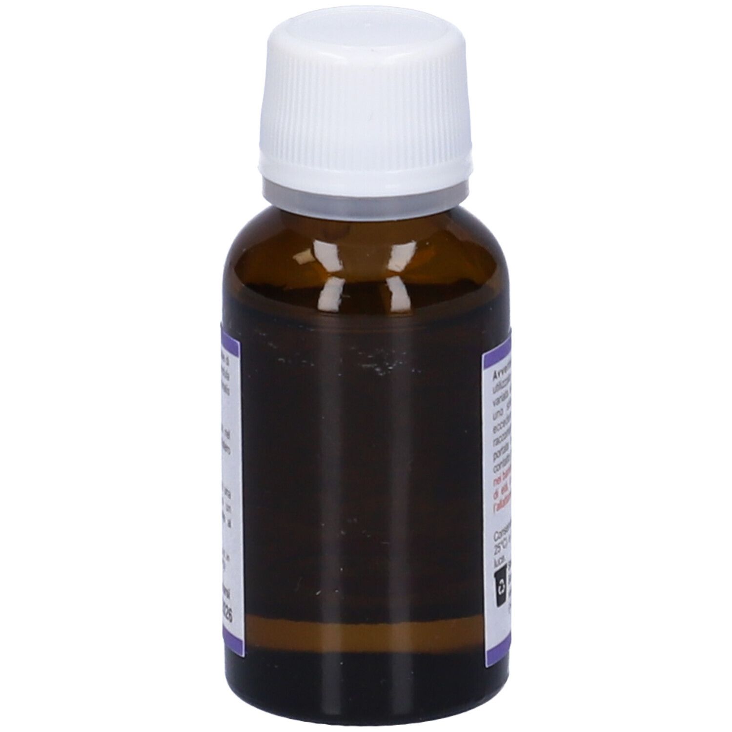 Flacone di vetro marrone con tappo bianco. Etichetta con testo. Nome prodotto: Olio Essenziale.