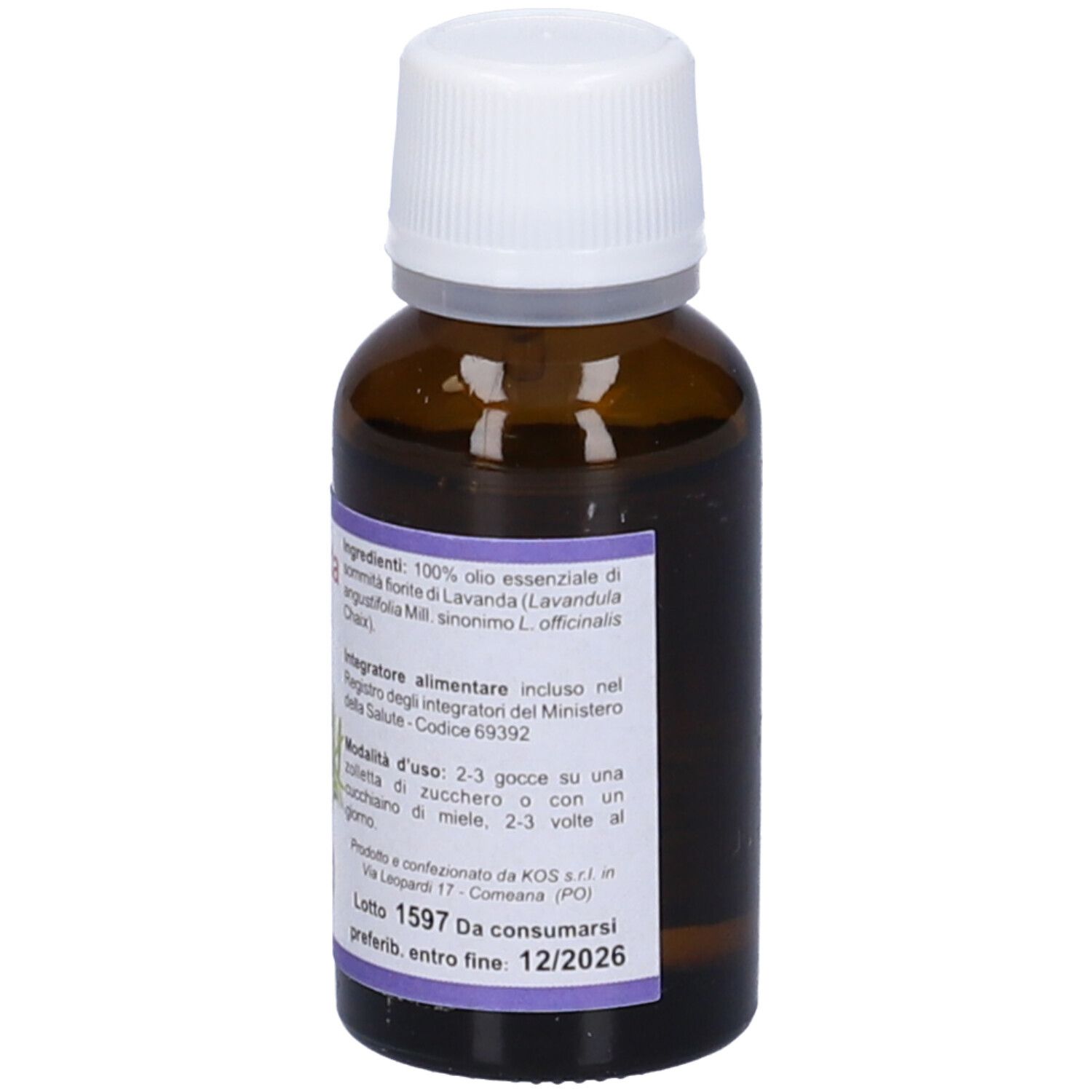 Flacone di vetro marrone con tappo bianco. Etichetta con testo. Nome prodotto: Olio Essenziale.