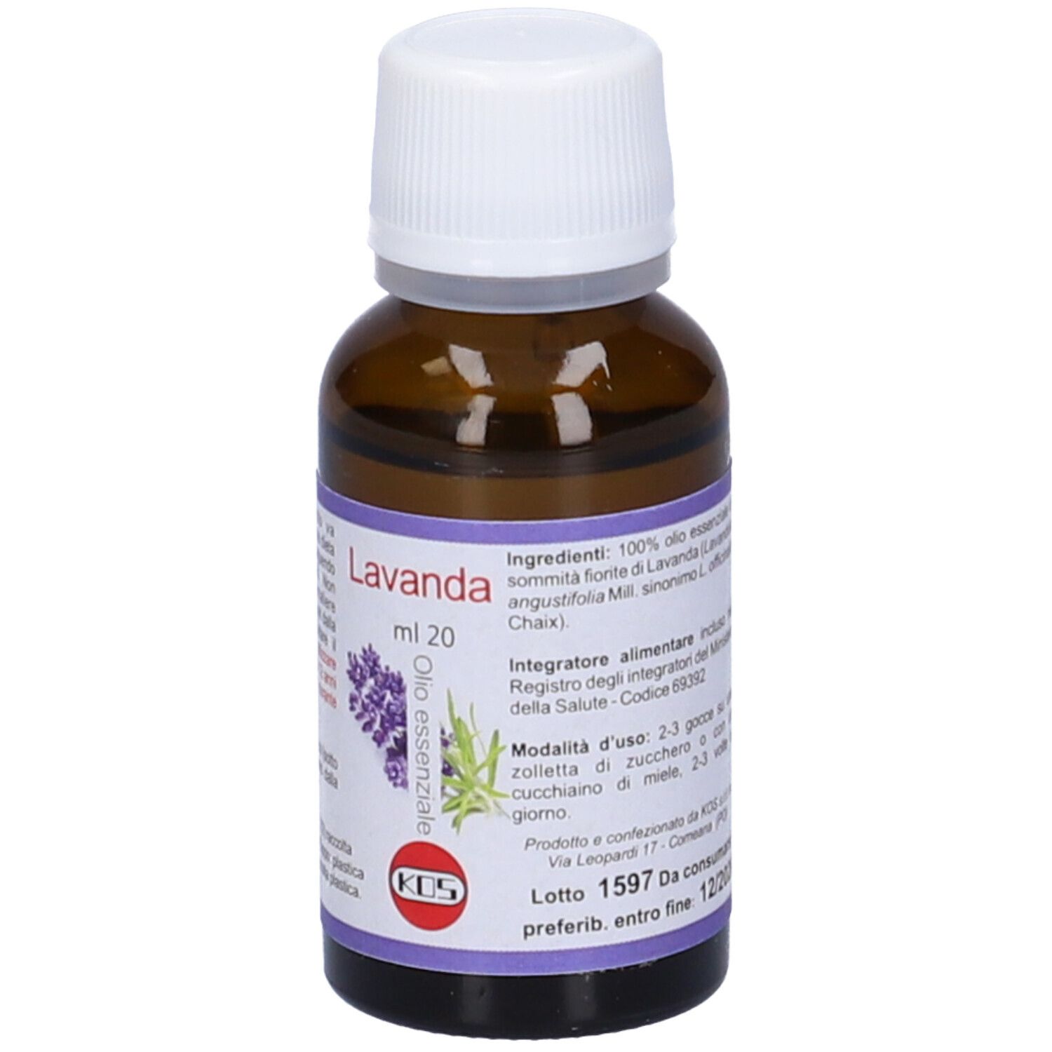 Flacone di vetro marrone con tappo bianco. Etichetta con testo e illustrazione di lavanda. Nome prodotto: Olio Essenziale.