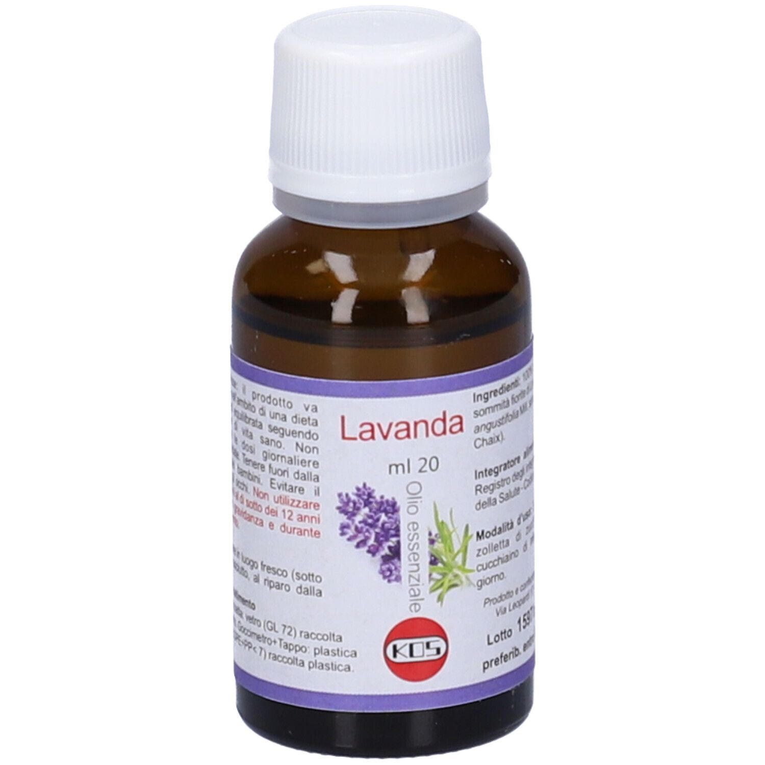 Flacone di vetro marrone con tappo bianco. Etichetta con testo e illustrazione di lavanda. Logo KOS. Nome prodotto: Olio Essenziale.