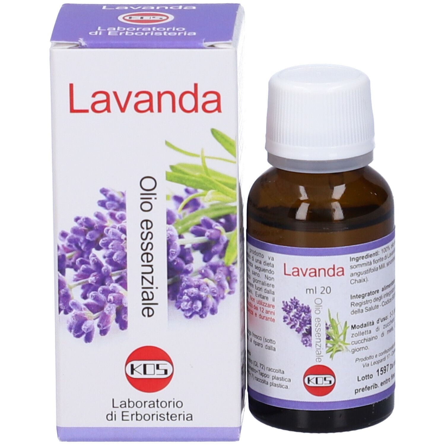 Confezione del prodotto. Scatola bianca con illustrazione di lavanda e testo. Logo KOS. Nome prodotto: Olio Essenziale.