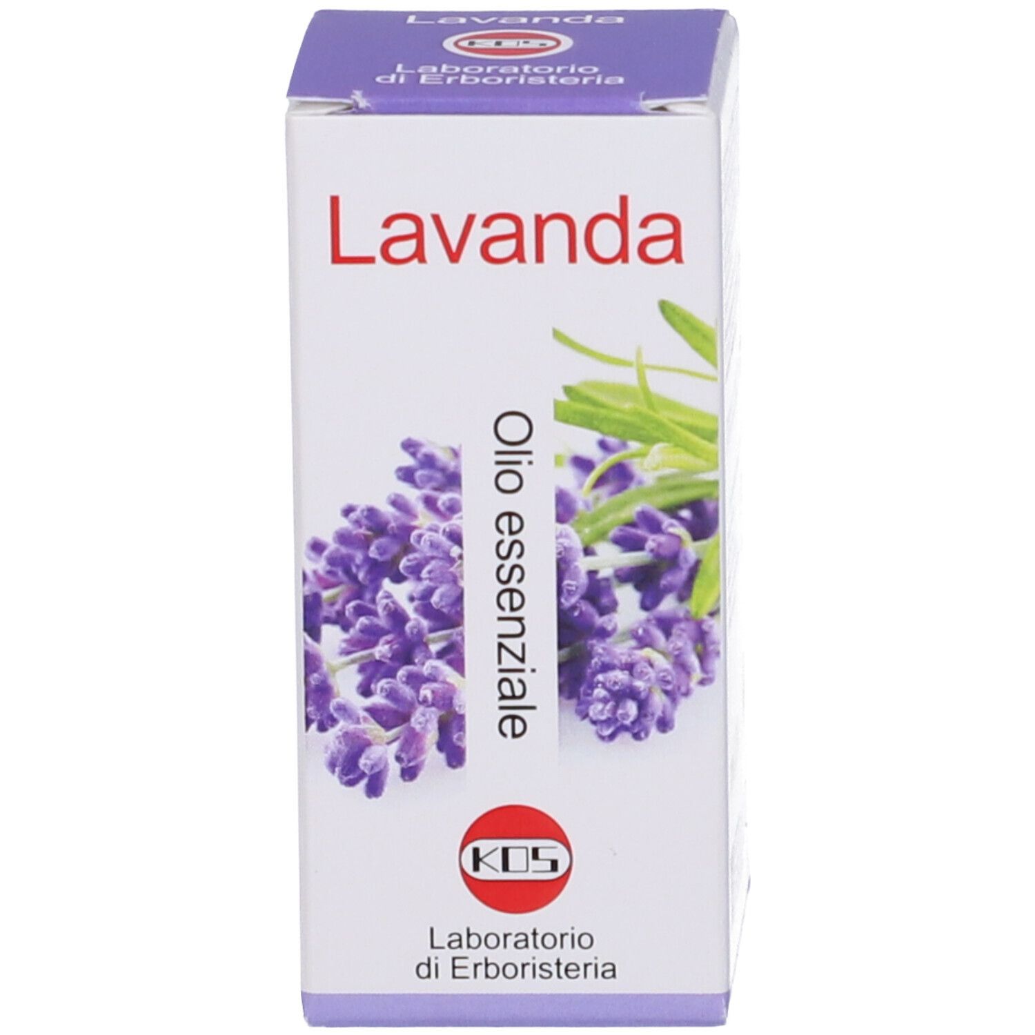 Confezione del prodotto. Scatola bianca con illustrazione di lavanda e testo. Logo KOS. Nome prodotto: Olio Essenziale.