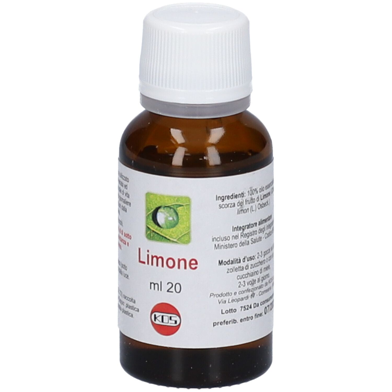 Braune Glasflasche mit weißem Deckel. Etikett mit 'Limone' und 'ml 20'. KOS-Logo.