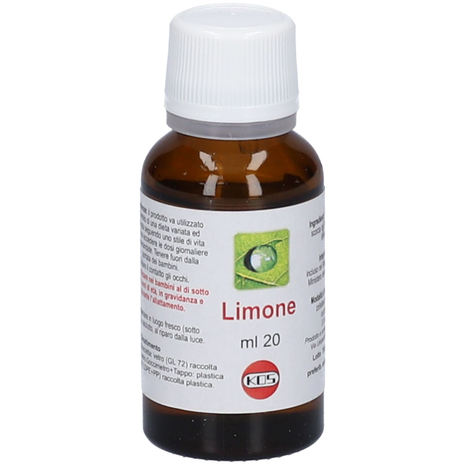 Braune Glasflasche mit weißem Deckel. Etikett mit 'Limone' und 'ml 20'. KOS-Logo.