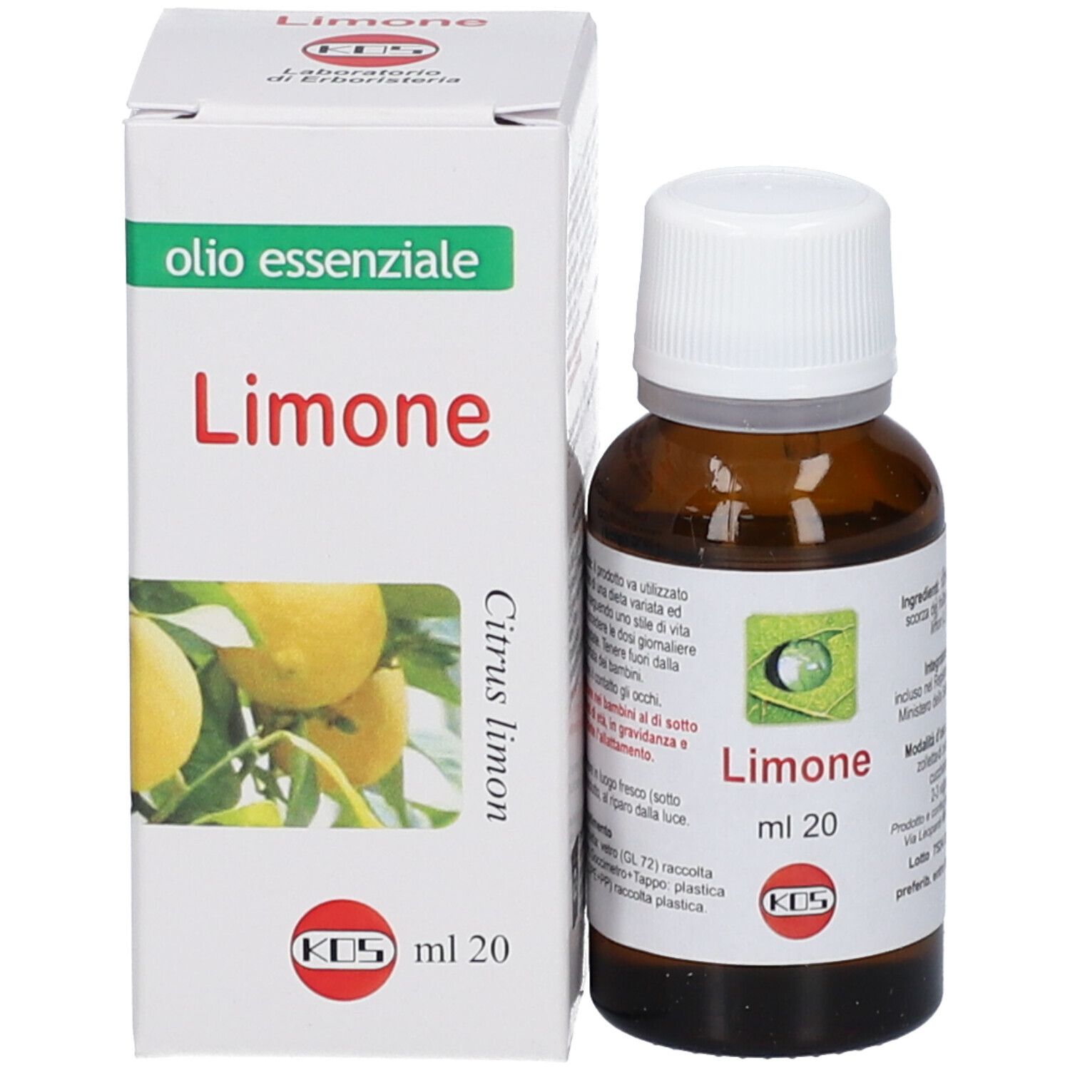 Produktflasche neben weißer Schachtel. Schachtel mit 'olio essenziale' und 'Limone'. KOS-Logo.