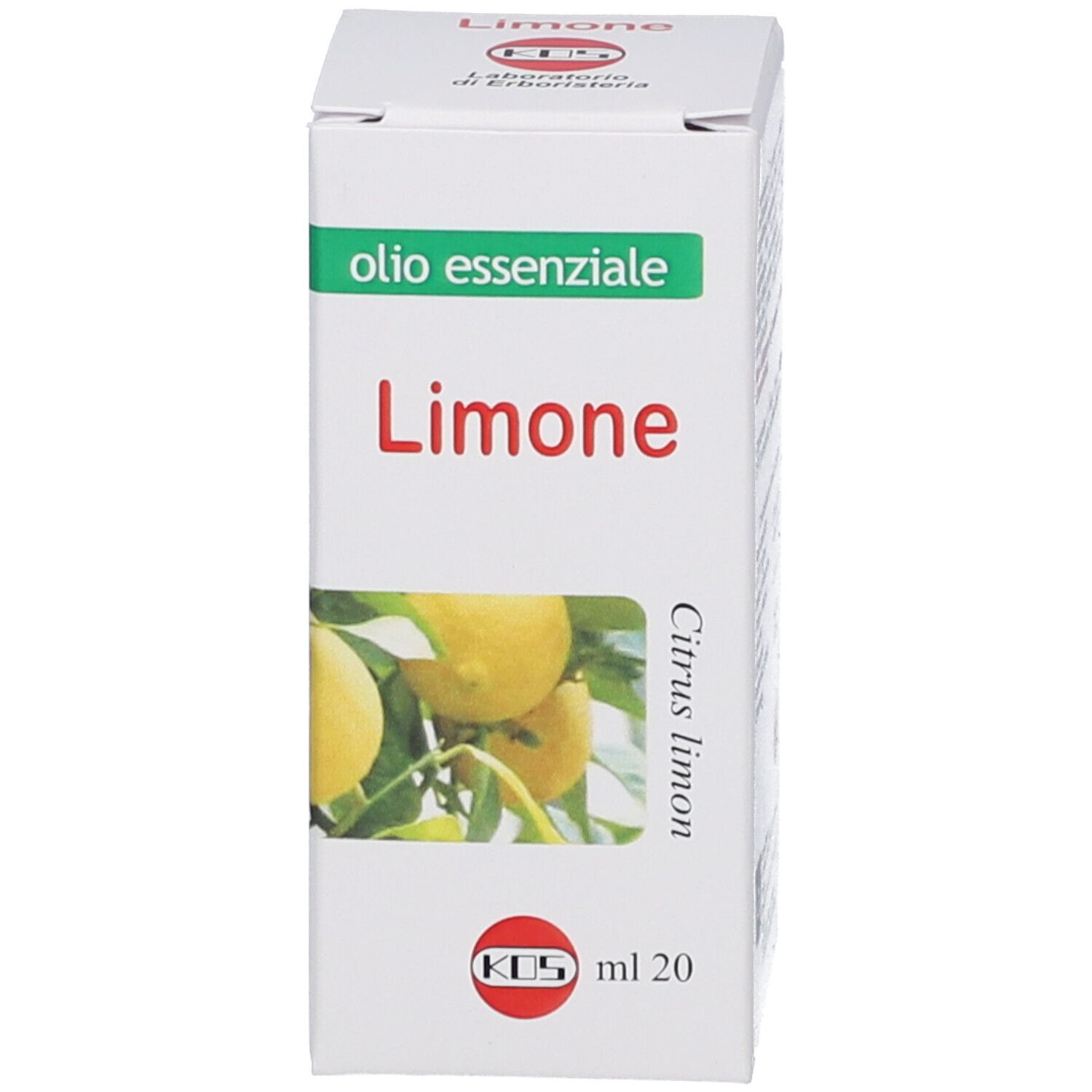 Weiße Schachtel mit 'olio essenziale' und 'Limone'. KOS-Logo und Abbildung von Zitronen.