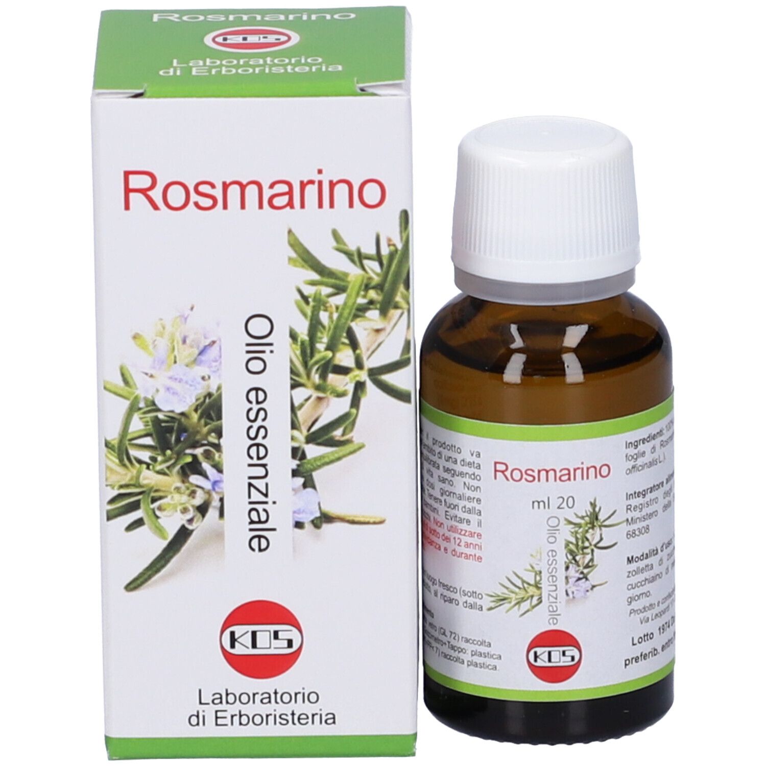 Flacon en verre brun avec bouchon blanc et emballage blanc. Inscription : Rosmarino, huile essentielle.