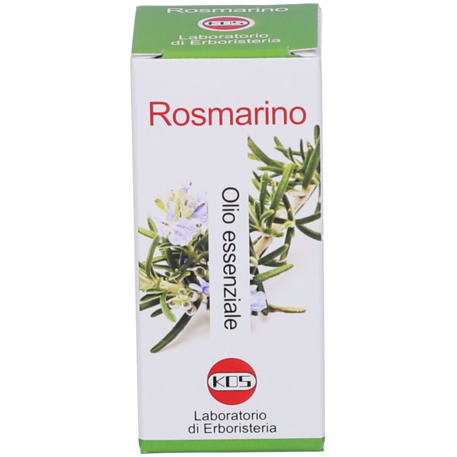 Emballage blanc avec nom et logo du produit. Inscription : Rosmarino, huile essentielle.