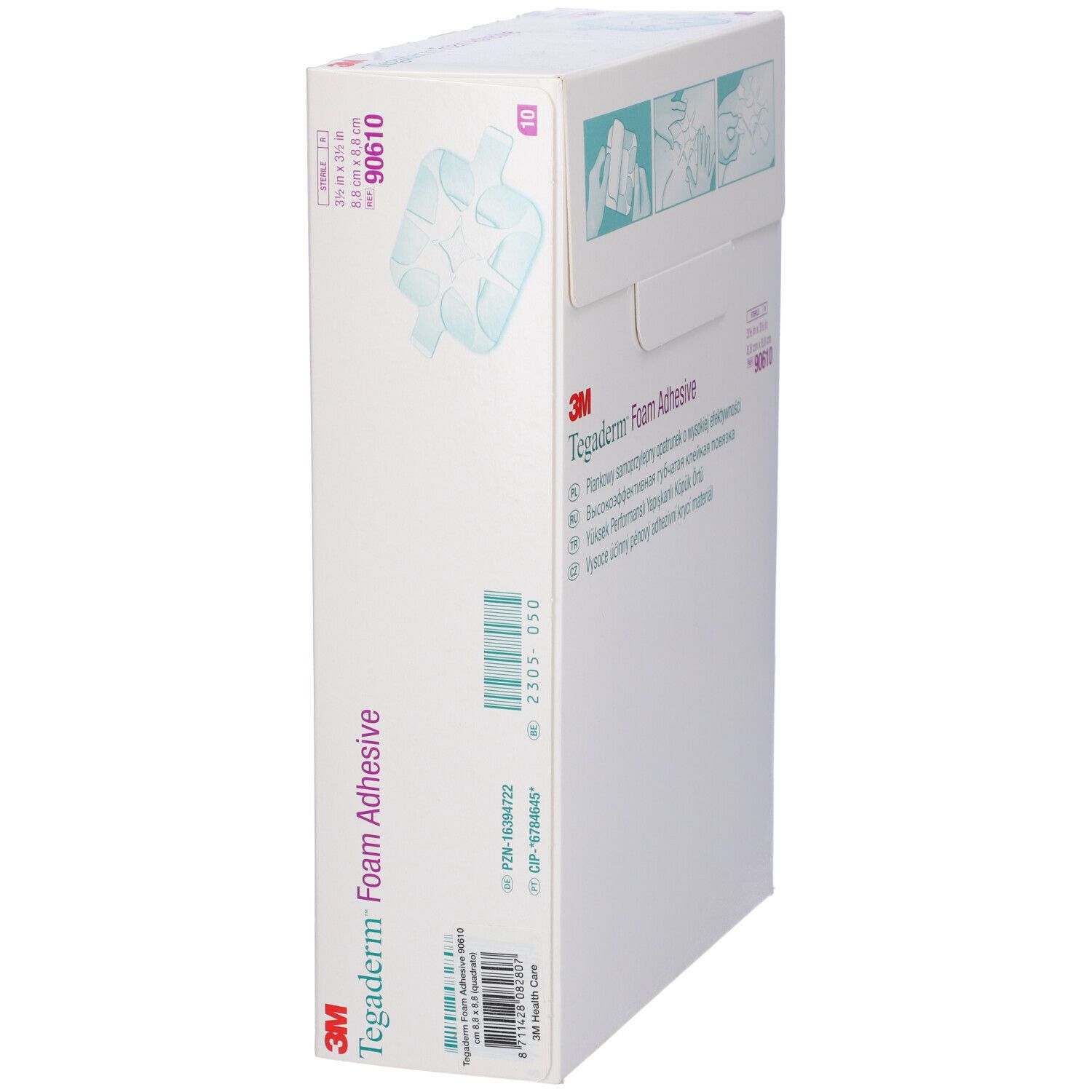 Vista laterale della confezione Tegaderm Foam Adhesive. Contiene 10 medicazioni. Con informazioni sul prodotto.