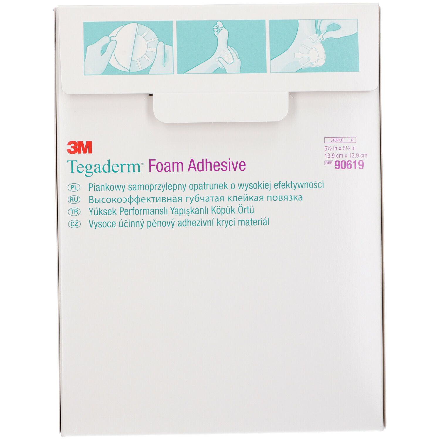 Confezione di 3M Tegaderm Foam Adhesive. Confezione bianca con nome del prodotto e illustrazioni. Dimensioni: 13,9 x 13,9 cm.