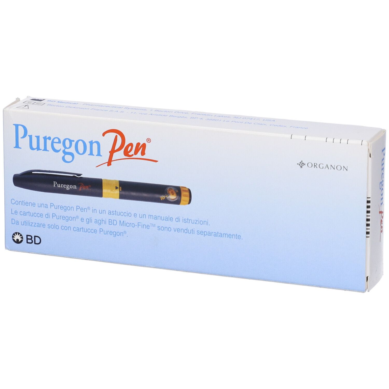 Confezione con immagine del prodotto. Scritte: Puregon Pen, Organon, BD.