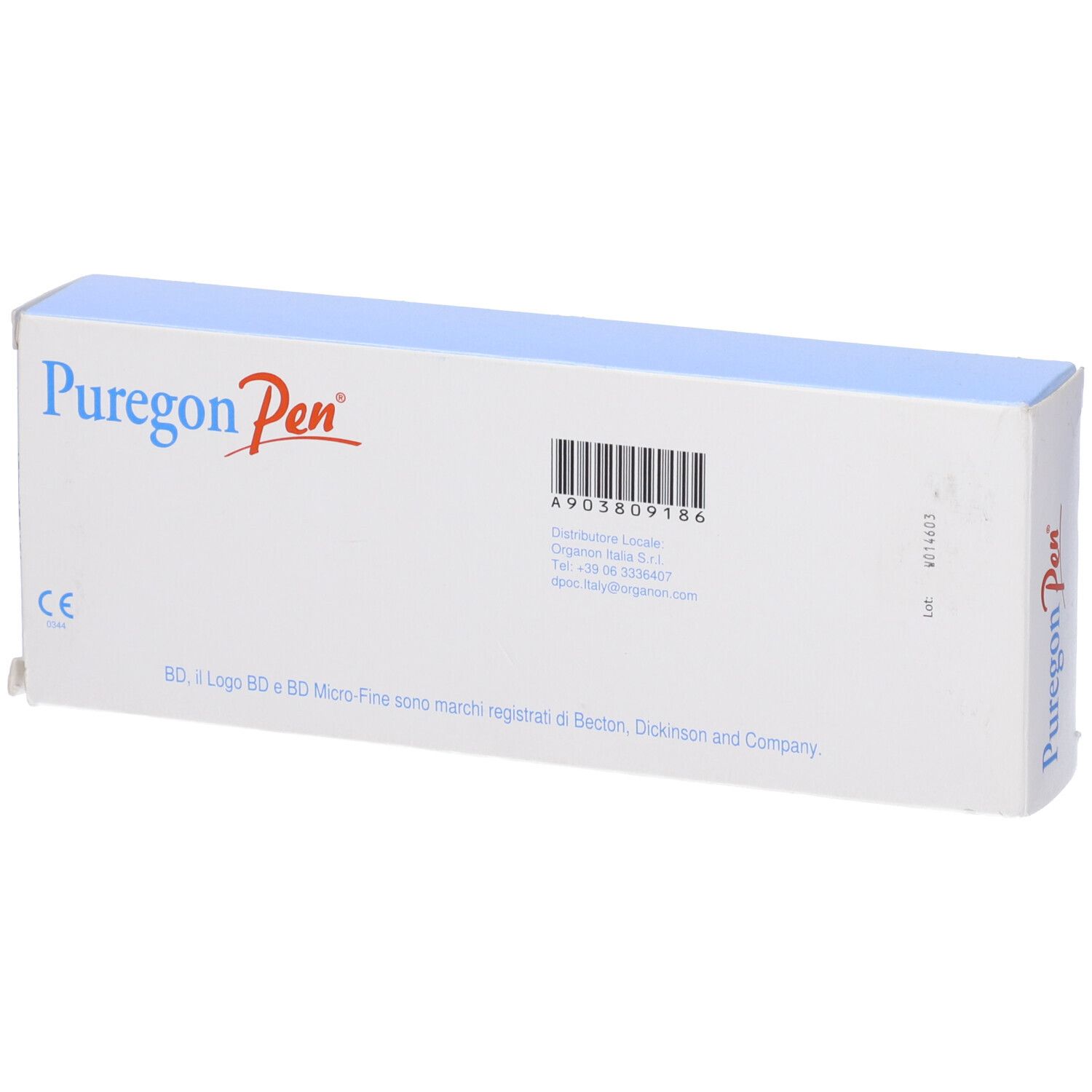 Confezione con codice a barre e testo. Scritte: Puregon Pen, marchio CE.