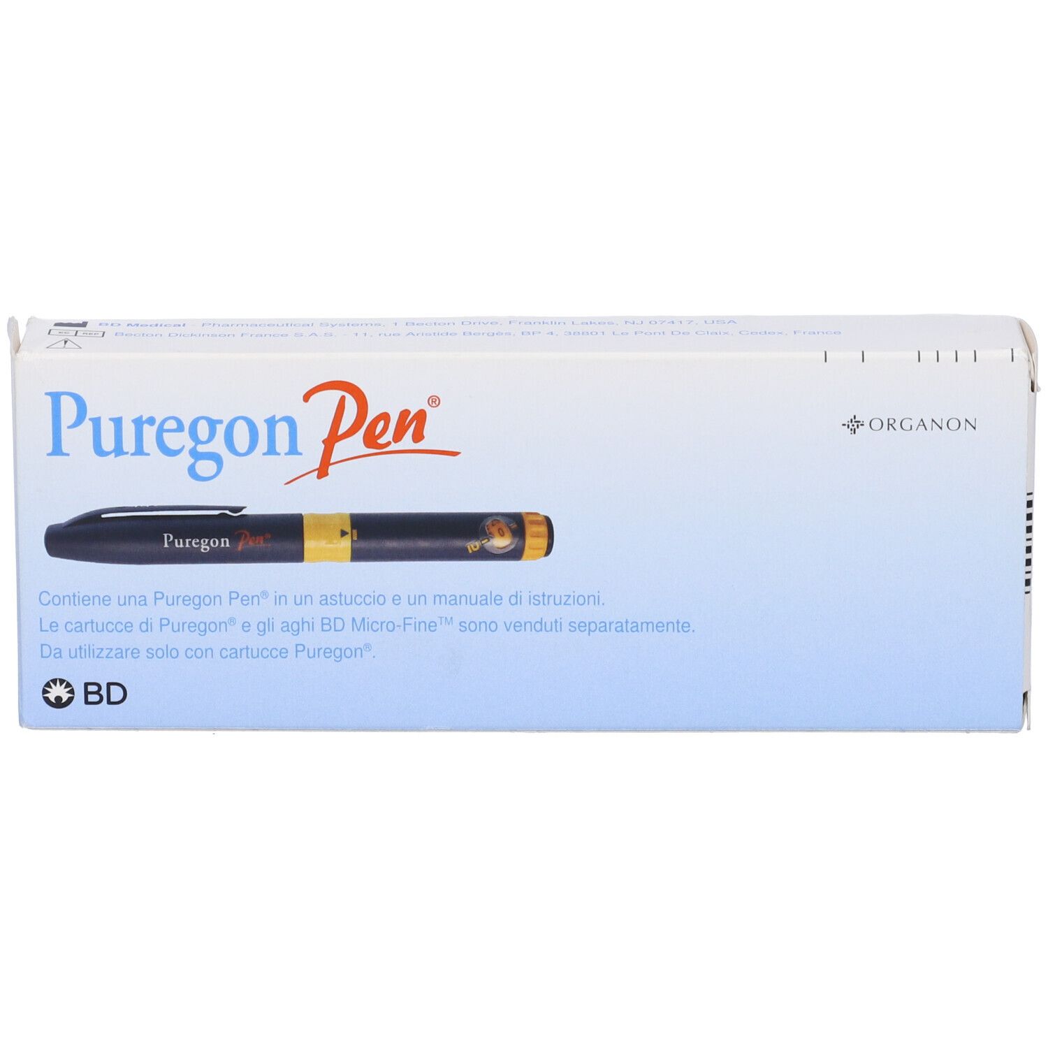 Confezione con immagine del prodotto. Scritte: Puregon Pen, Organon, BD.