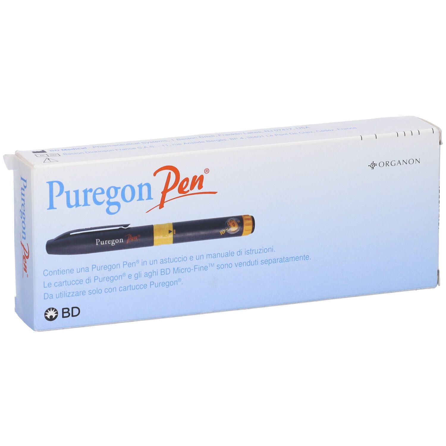 Confezione con immagine del prodotto. Scritte: Puregon Pen, Organon, BD.