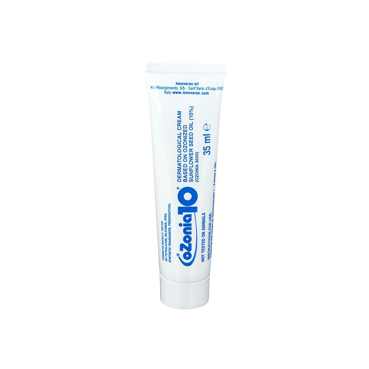 Tubo bianco con scritta: oZonia 10, 35 ml. Crema dermatologica. Non testato sugli animali.
