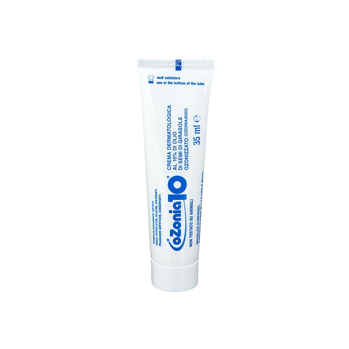 Tubo bianco con scritta: oZonia 10, 35 ml. Crema dermatologica. Non testato sugli animali.
