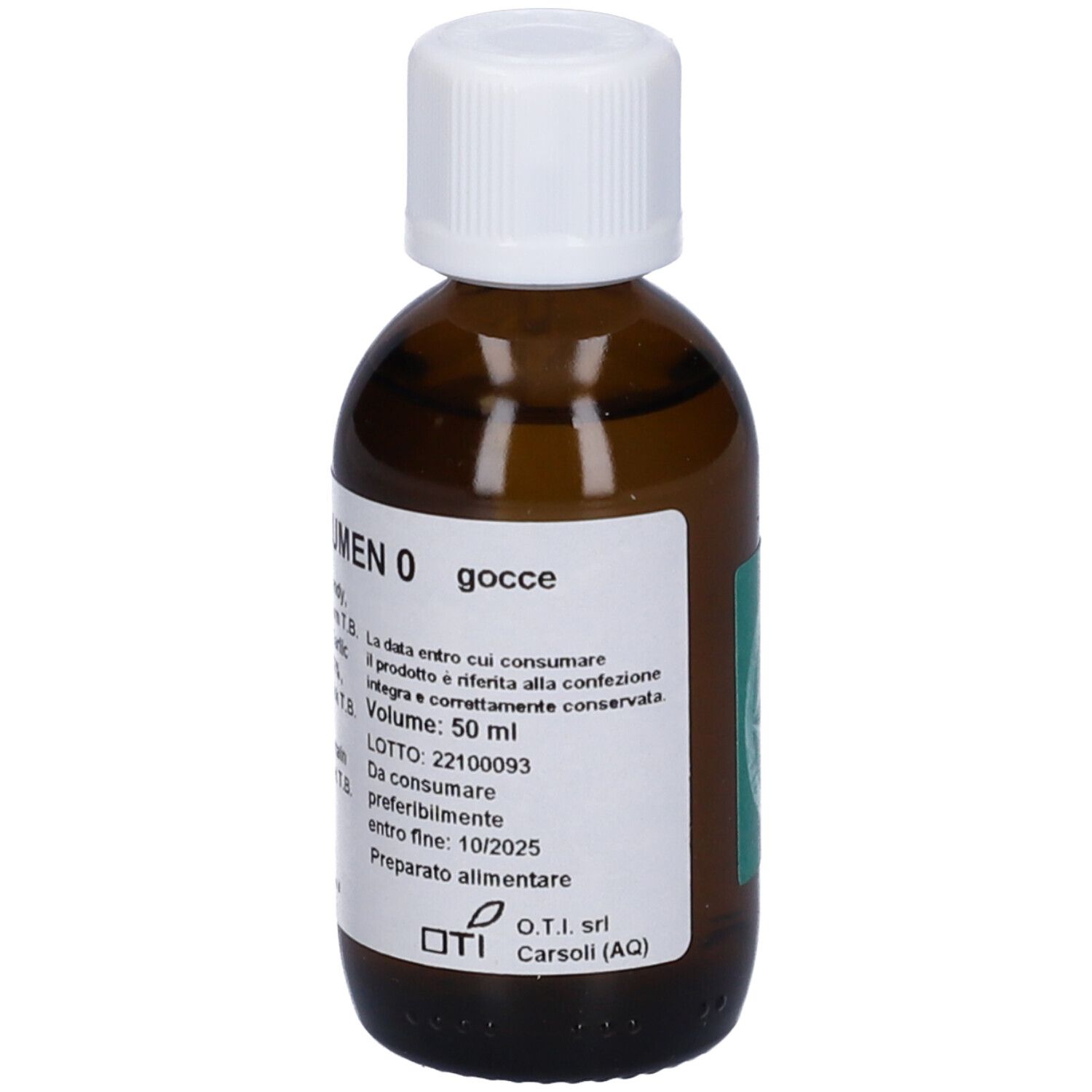 Flacone di vetro marrone con tappo bianco. Etichetta con informazioni sul prodotto. Volume: 50 ml.