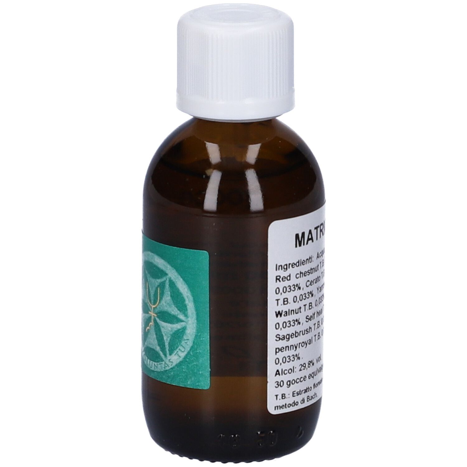 Flacone di vetro marrone con tappo bianco. Adesivo verde e bianco con logo e testo. Etichetta con ingredienti.
