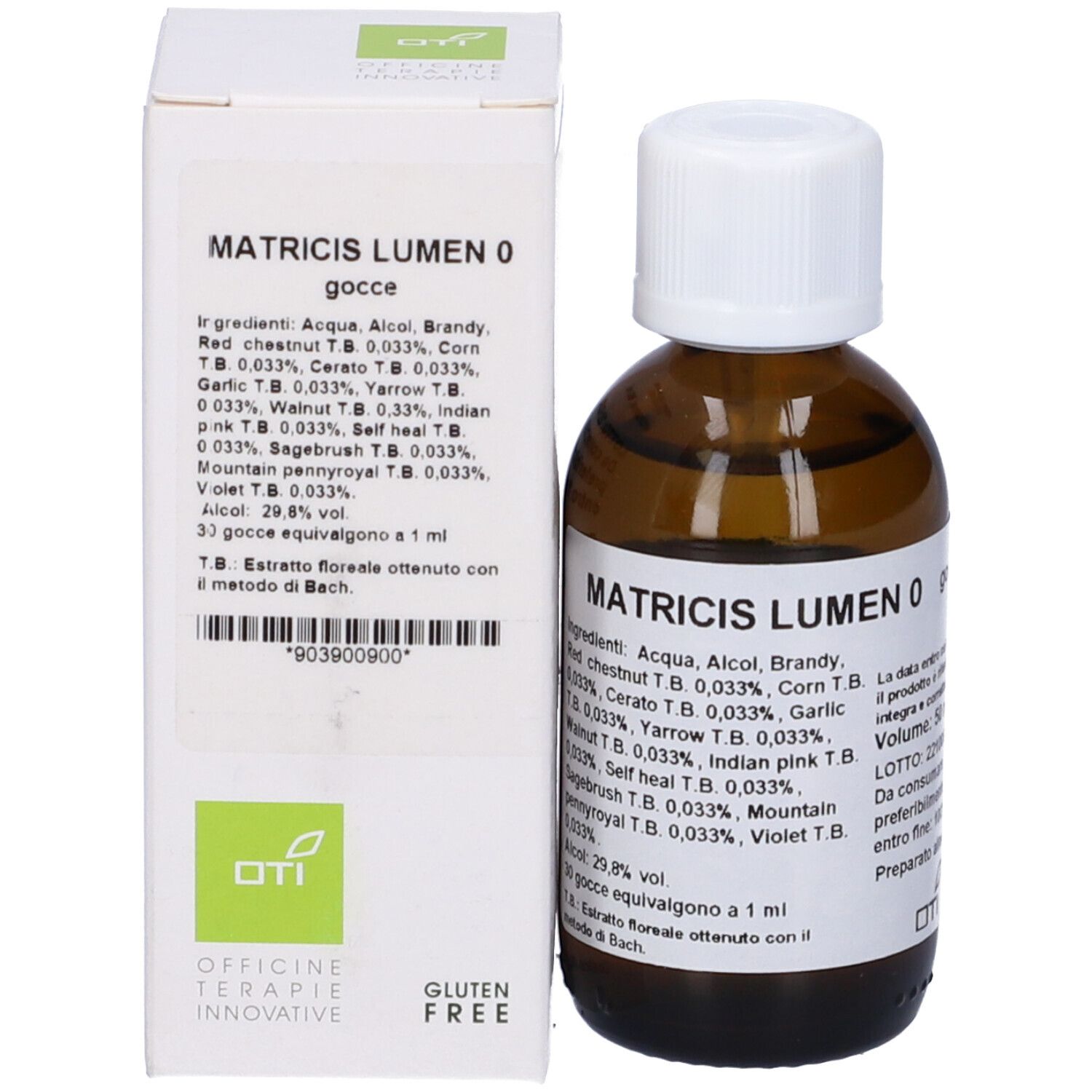 Flacone e scatola del prodotto. Scatola con nome del prodotto, ingredienti e logo. Flacone con etichetta.