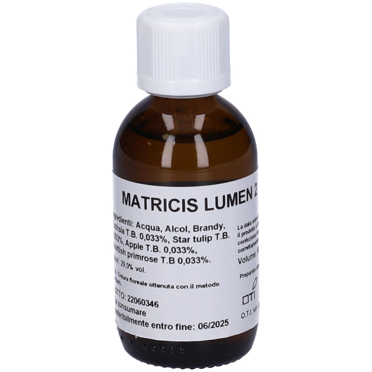 Flacone di vetro marrone con tappo bianco. Etichetta: Matricis Lumen 2. Ingredienti e data di scadenza visibili.