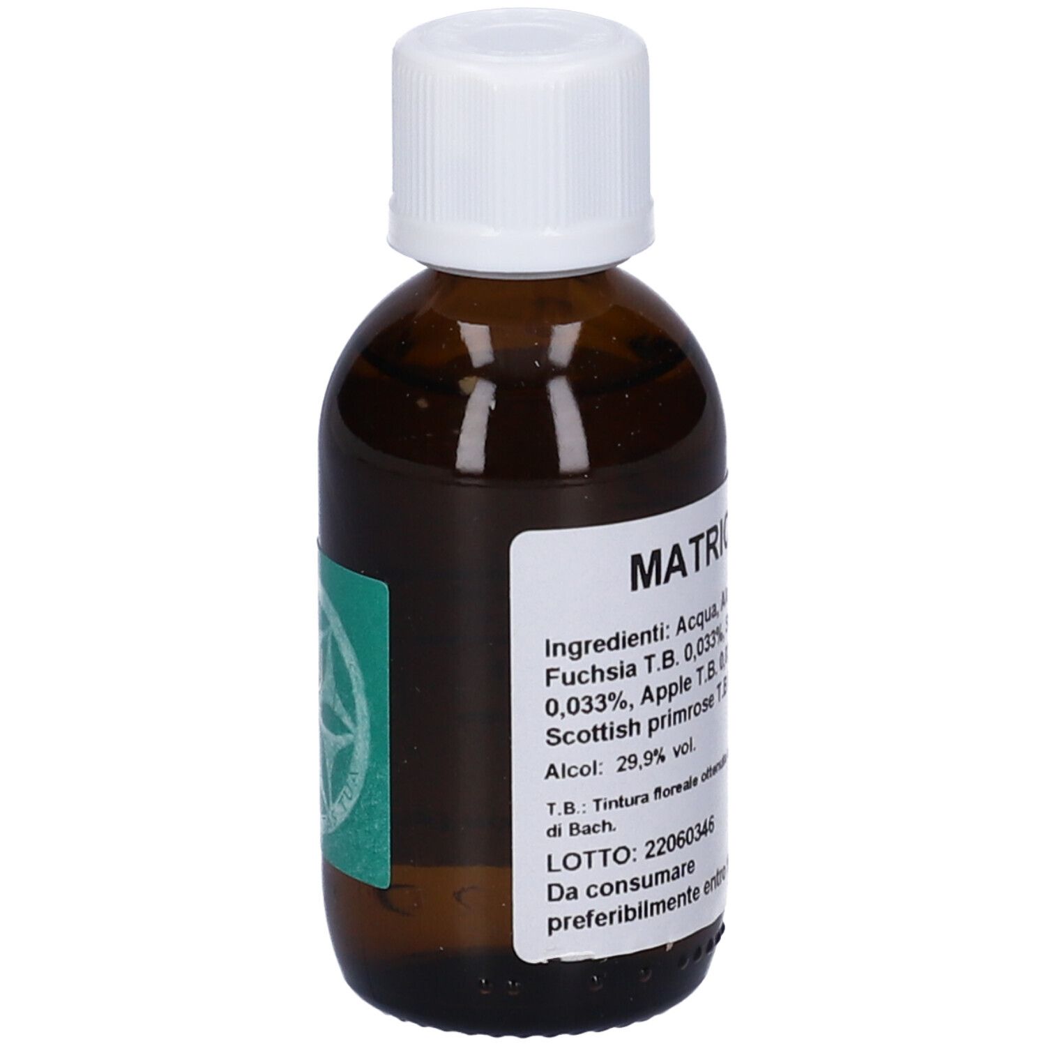 Flacone di vetro marrone con tappo bianco. Etichetta verde. Ingredienti e testo Matricis Lumen 2.