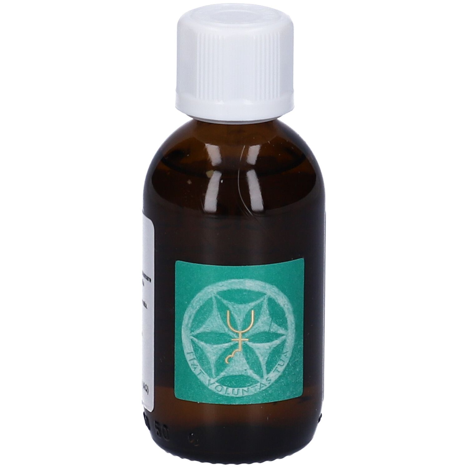 Flacone di vetro marrone con tappo bianco. Etichetta verde con simbolo. Testo: Matricis Lumen 2.