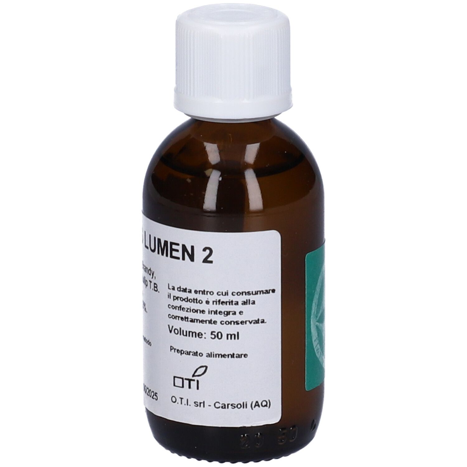 Flacone di vetro marrone con tappo bianco. Testo: Lumen 2. Volume: 50 ml. Con etichetta verde.