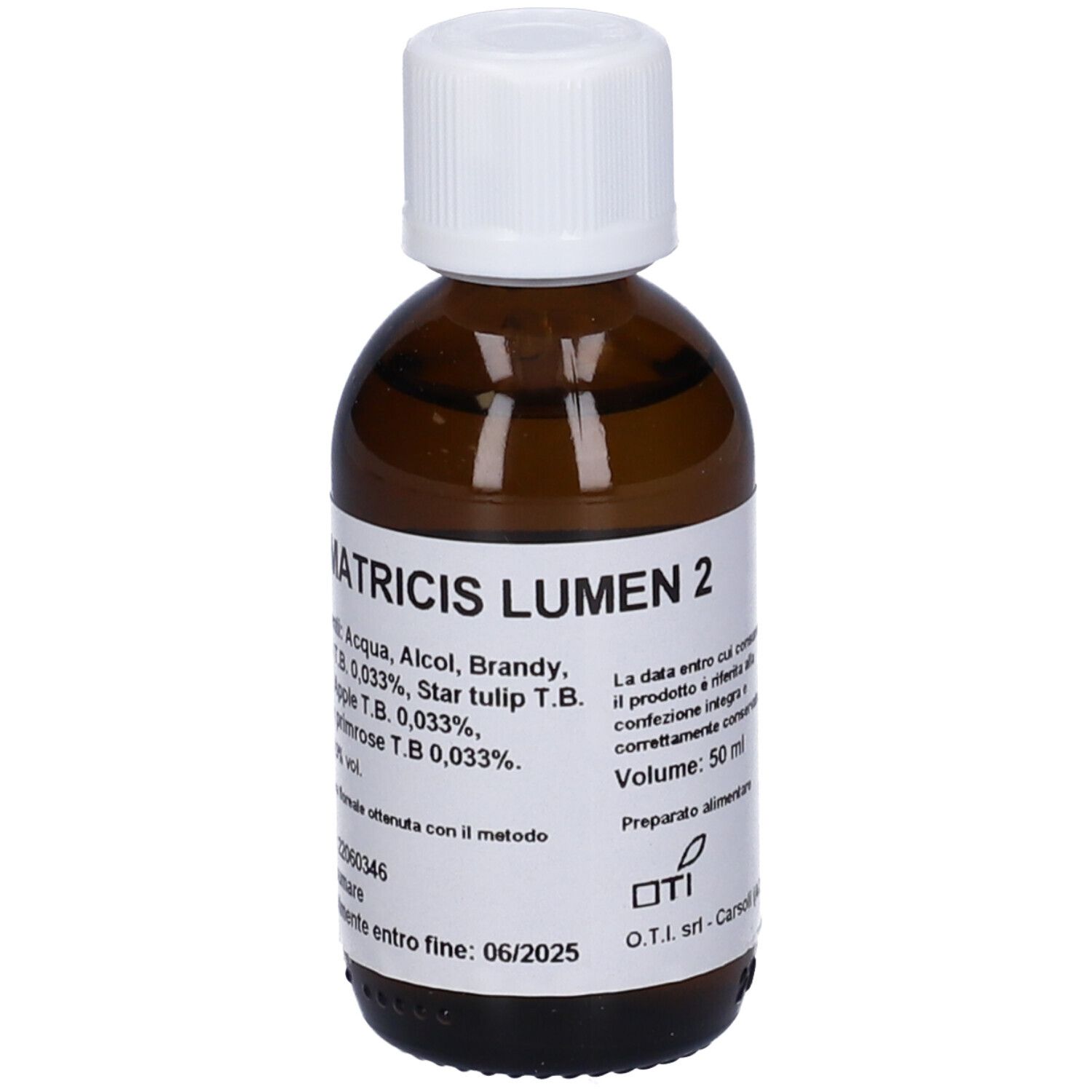 Flacone di vetro marrone con tappo bianco. Testo: Matricis Lumen 2. Ingredienti e data di scadenza.