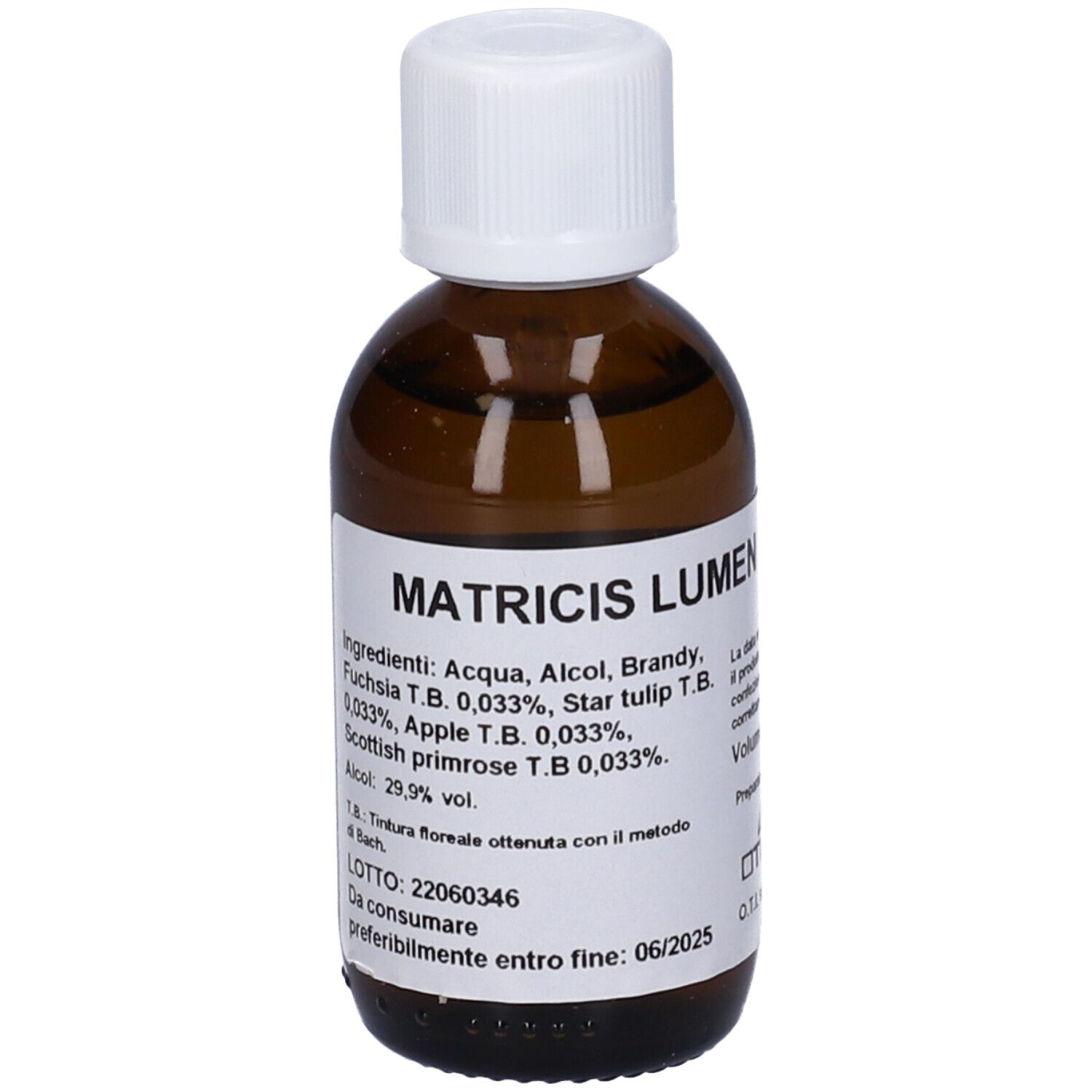 Flacone di vetro marrone con tappo bianco. Testo: Matricis Lumen 2. Ingredienti e data di scadenza.