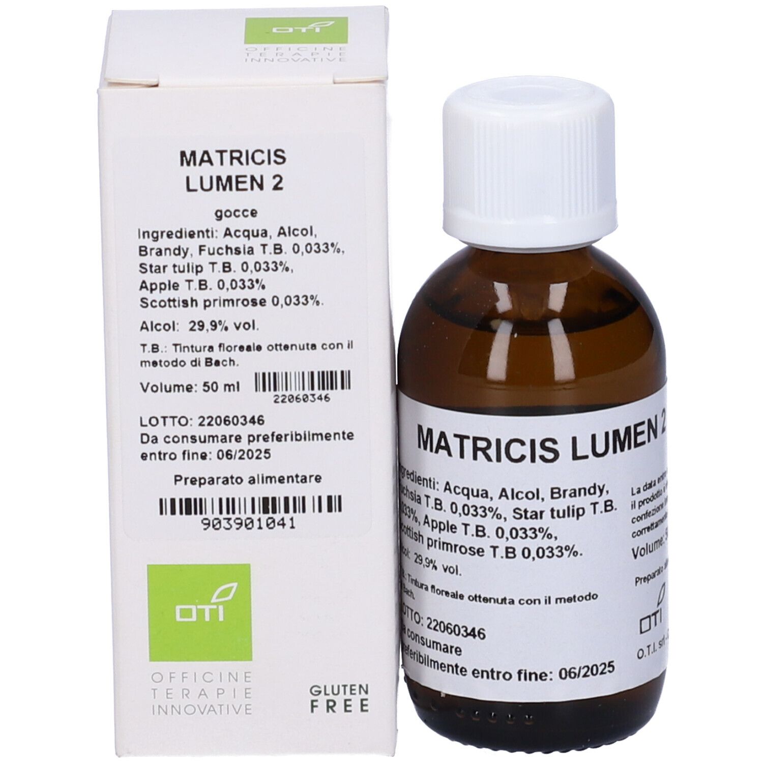 Flacone e scatola. Flacone: Matricis Lumen 2. Scatola: stesso testo, ingredienti, volume 50 ml.
