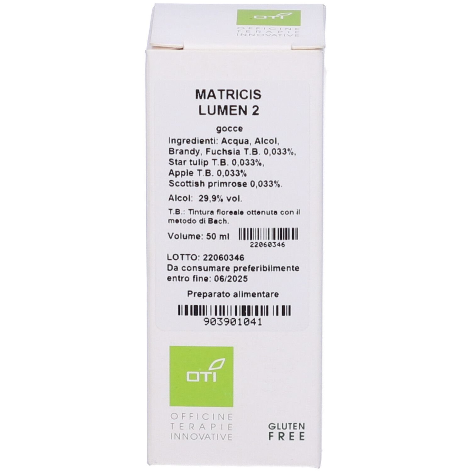 Scatola bianca con testo: Matricis Lumen 2. Ingredienti, volume 50 ml, senza glutine.