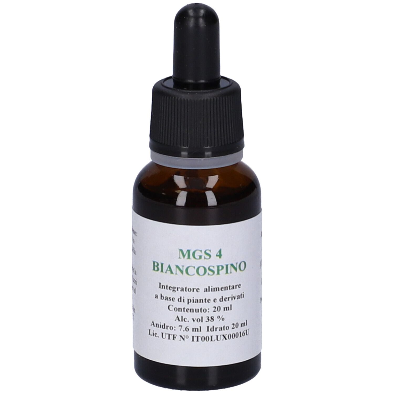 Flacone di vetro marrone con contagocce nero. Etichetta con testo: MGS 4 Biancospino, ingredienti, volume 20 ml.