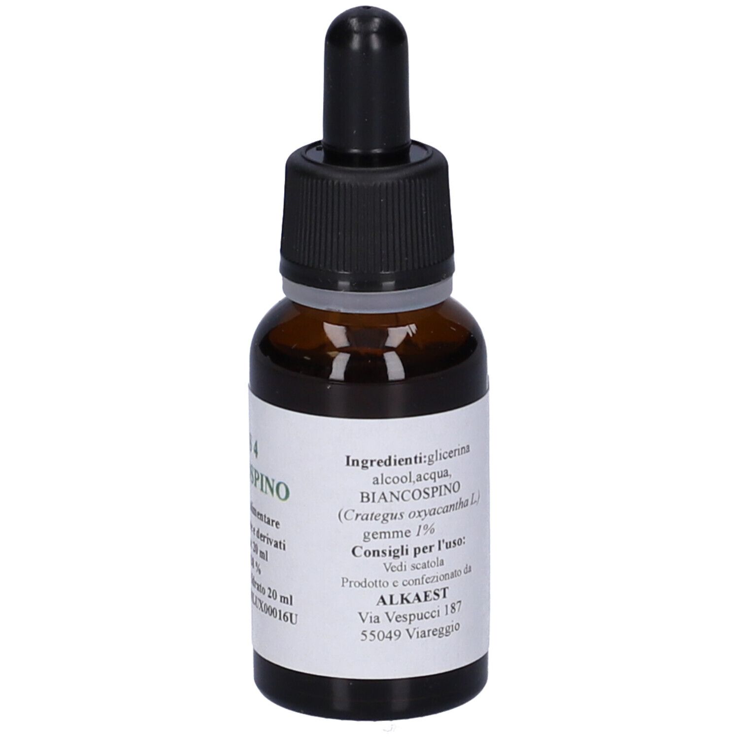 Flacone di vetro marrone con contagocce nero. Etichetta con testo: MGS 4 Biancospino, ingredienti, volume 20 ml.
