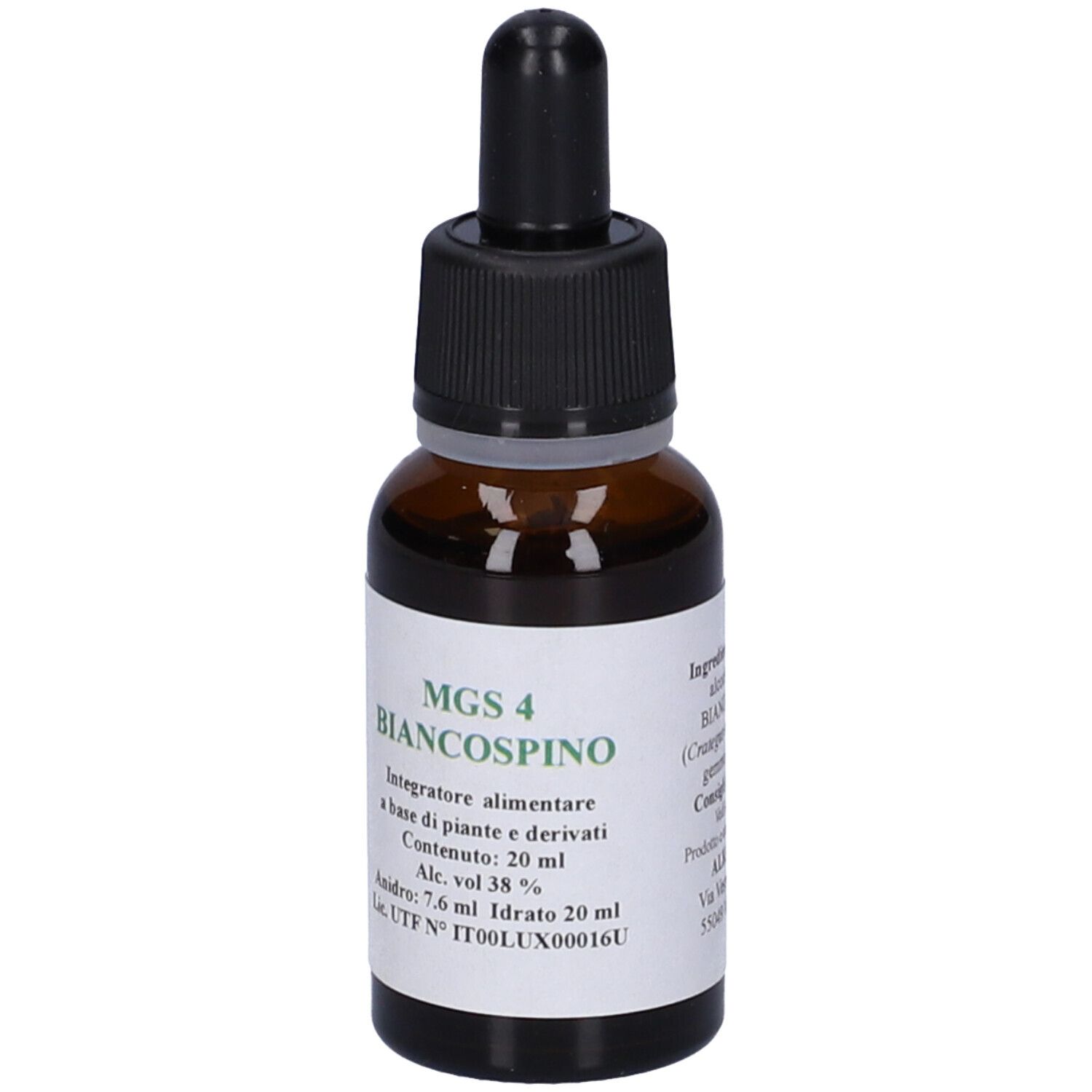 Flacone di vetro marrone con contagocce nero. Etichetta con testo: MGS 4 Biancospino, ingredienti, volume 20 ml.