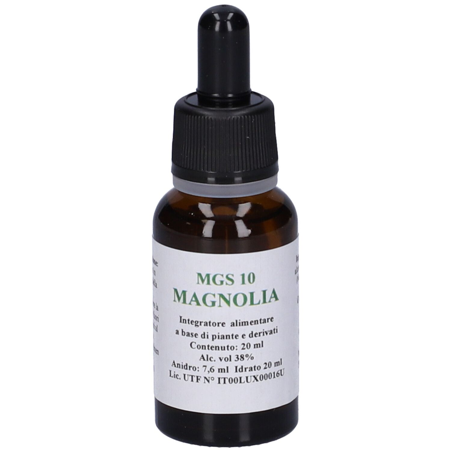 Flacone di vetro marrone con tappo nero e contagocce. Etichetta con testo: MGS 10 MAGNOLIA, integratore alimentare.