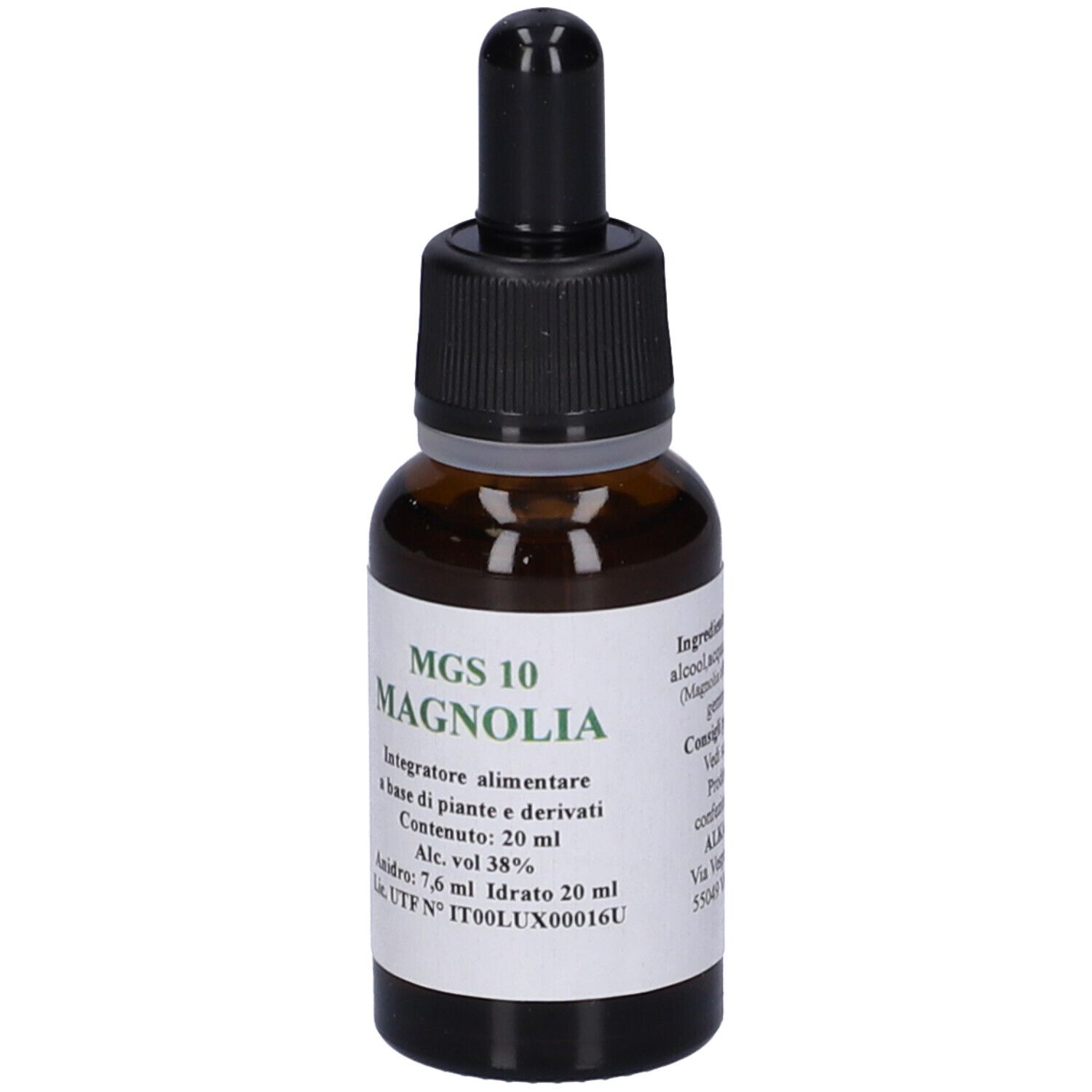 Flacone di vetro marrone con tappo nero e contagocce. Etichetta con testo: MGS 10 MAGNOLIA, integratore alimentare.