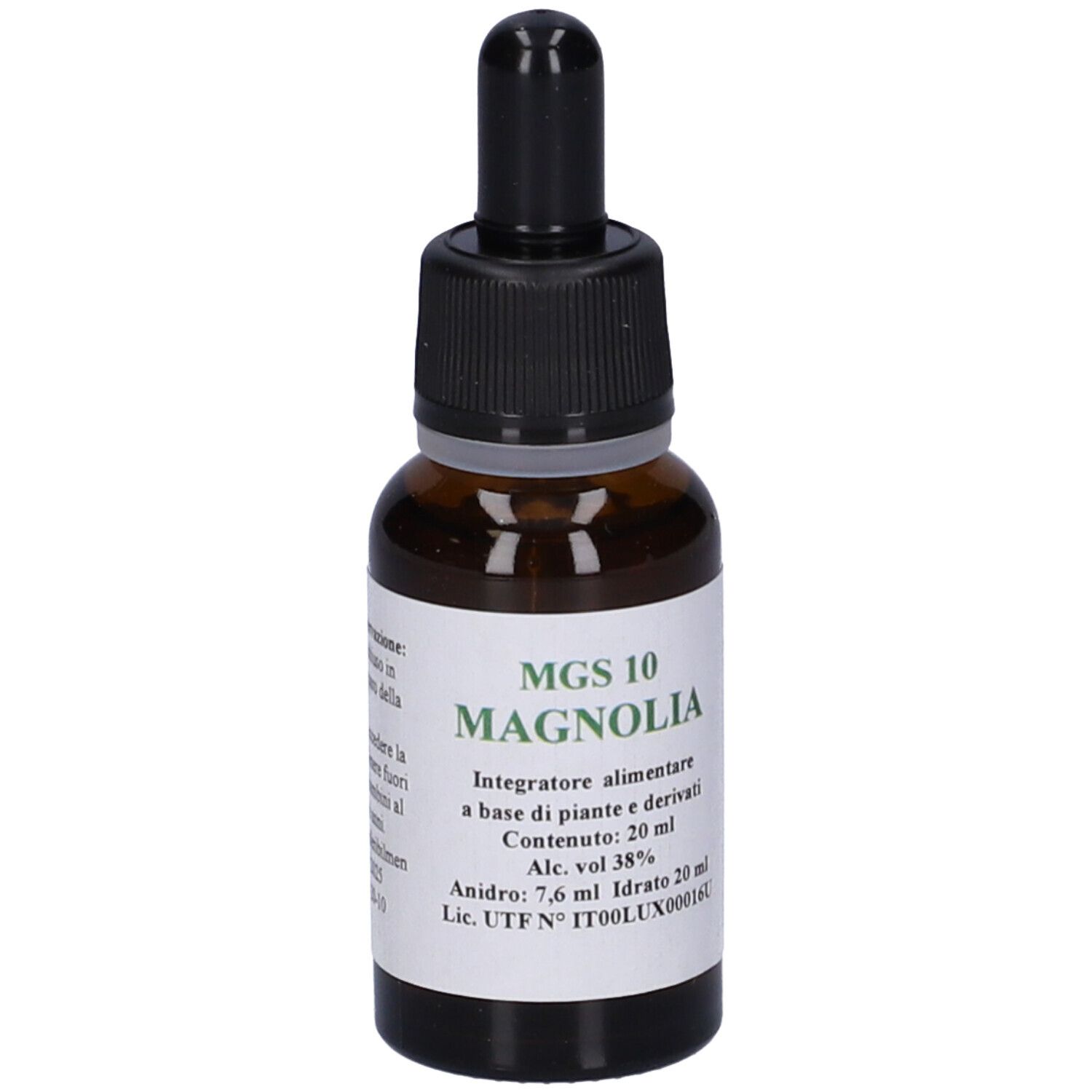 Flacone di vetro marrone con tappo nero e contagocce. Etichetta con testo: MGS 10 MAGNOLIA, integratore alimentare.