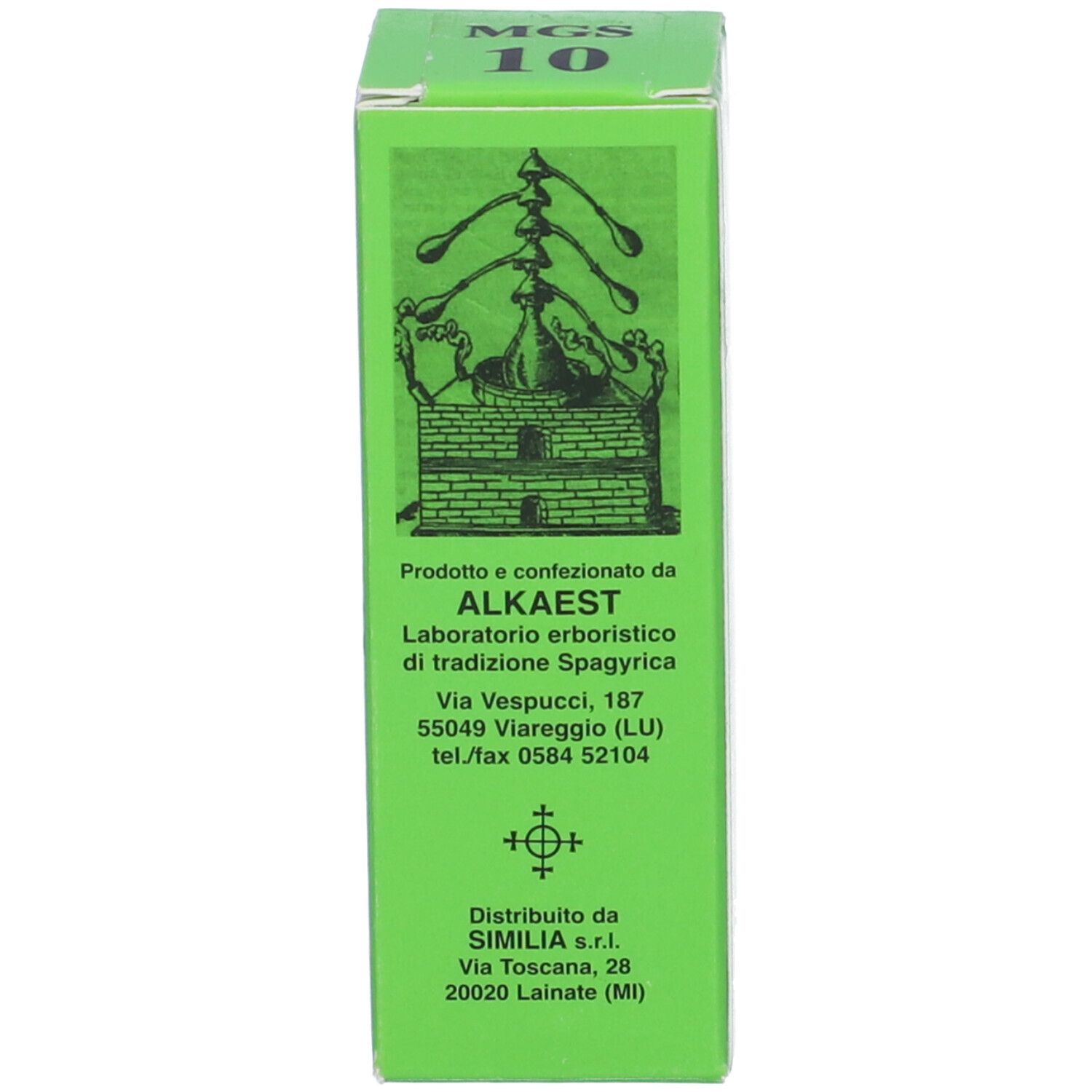 Scatola verde con testo e logo. Sulla scatola c'è scritto MGS 10.