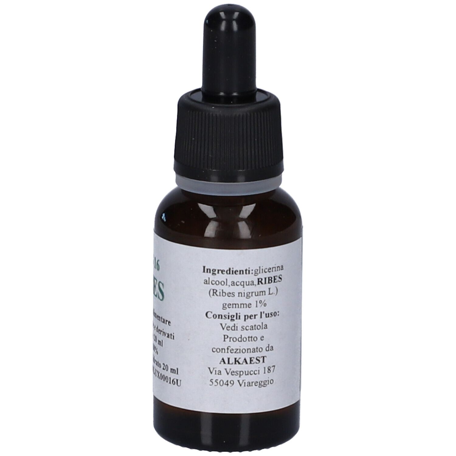 Flacone con etichetta che elenca ingredienti e informazioni del produttore.