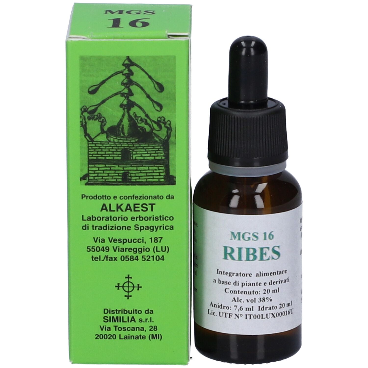Flacone e scatola verde "MGS 16 RIBES" con motivo a erbe.
