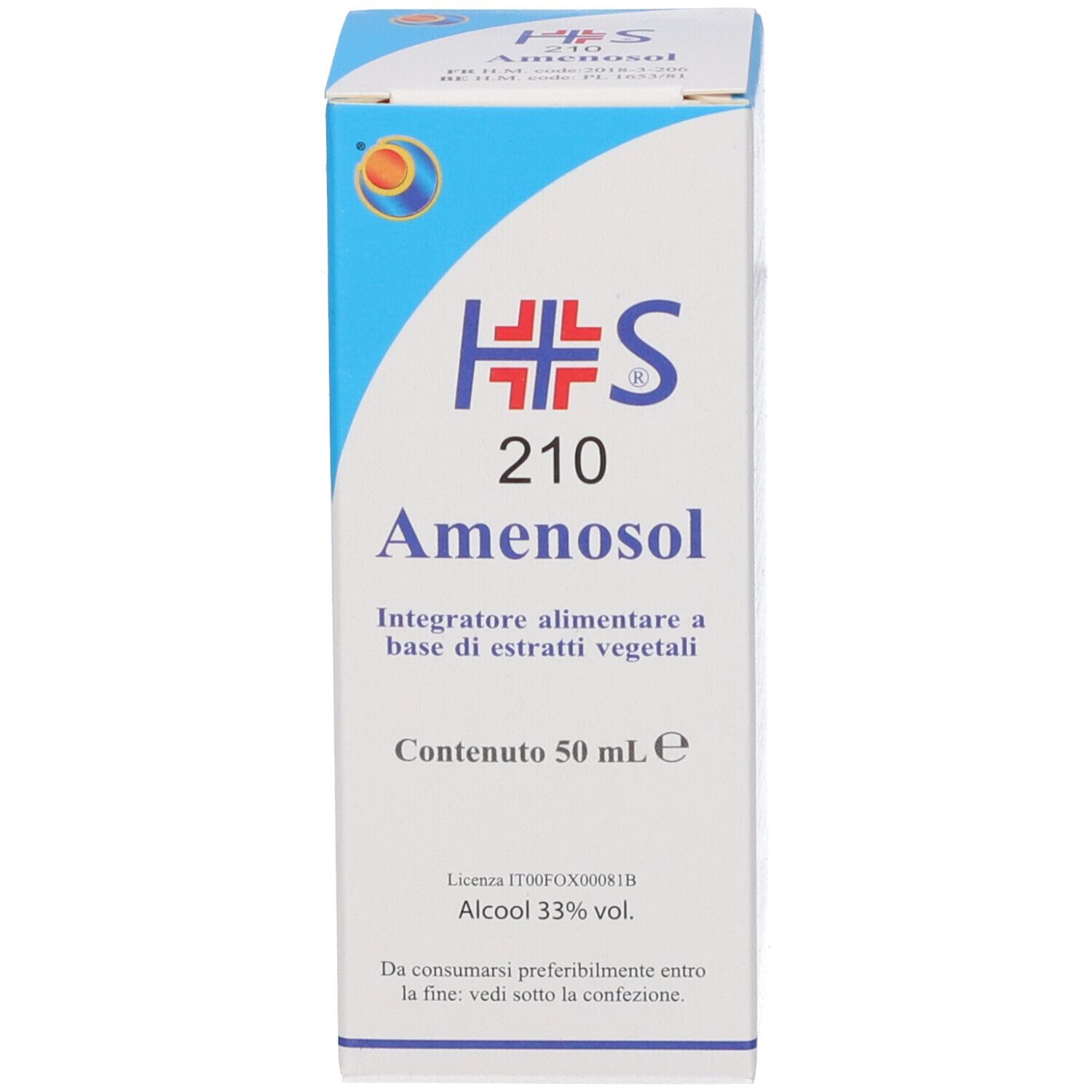 Produktverpackung: Amenosol, 50 ml, Integratore alimentare.