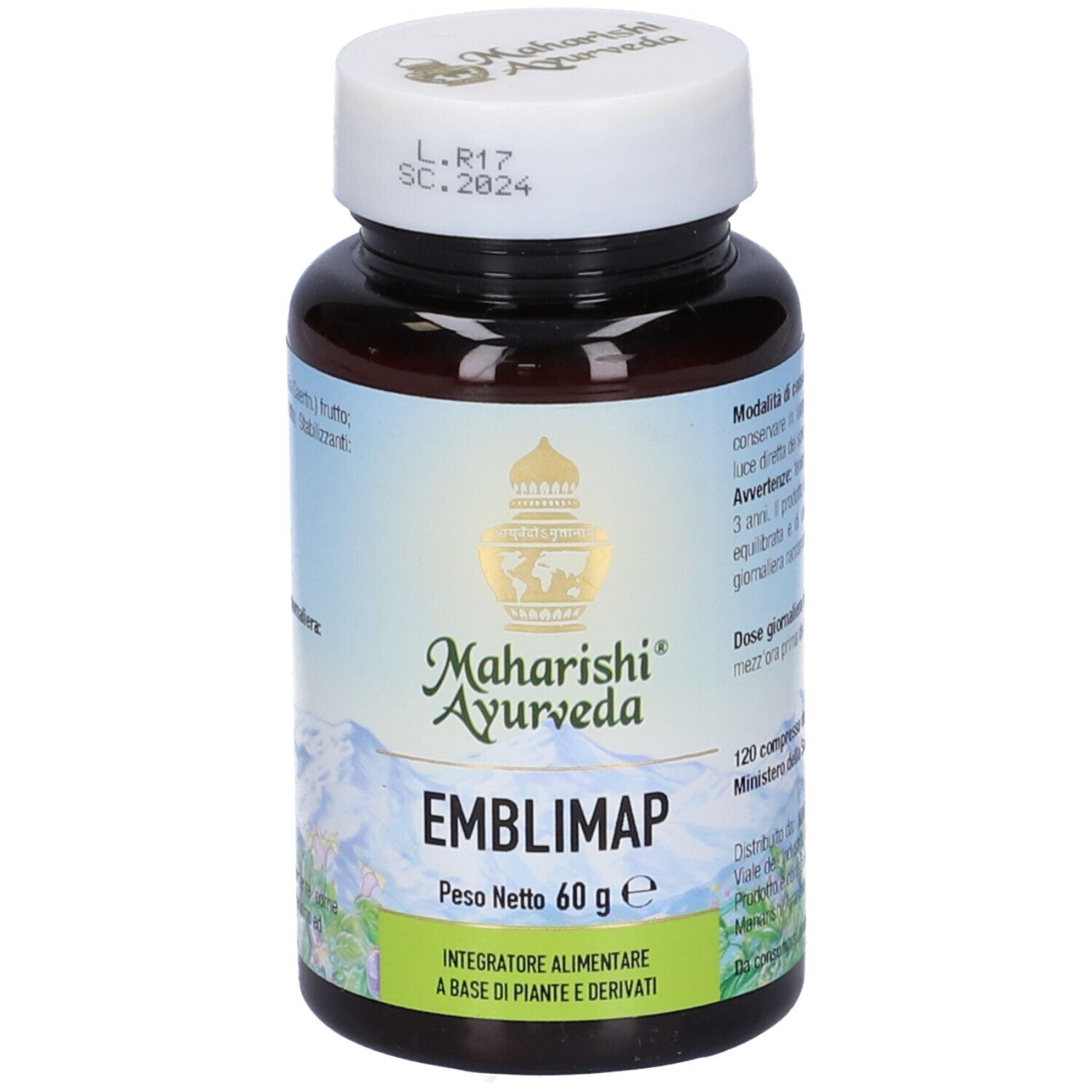 Flacone marrone con tappo bianco. Scritta: Emblimap, Maharishi Ayurveda, 60 g.